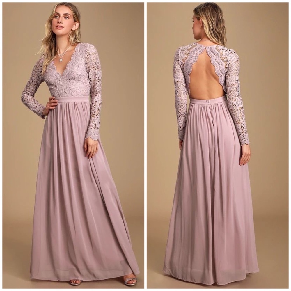 SOLD RARE Lulus Awaken My Love Dusty Lavender Long Sleeve Lace Maxi Dress - Picture 9 of 16